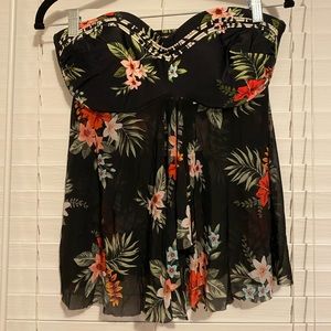 Strapless bandeau tankini tropical print
